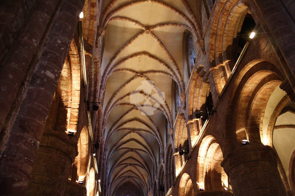 St Magnus cathedral interior showing the high vaulted ceiling
