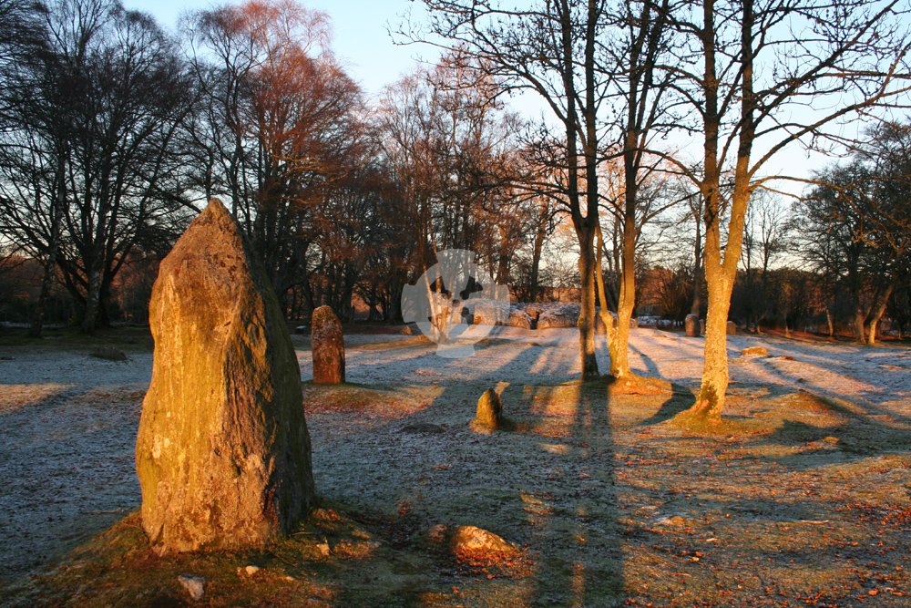 photo of Clava cairns near Inverness, Scotland; taken near midwinter sunset